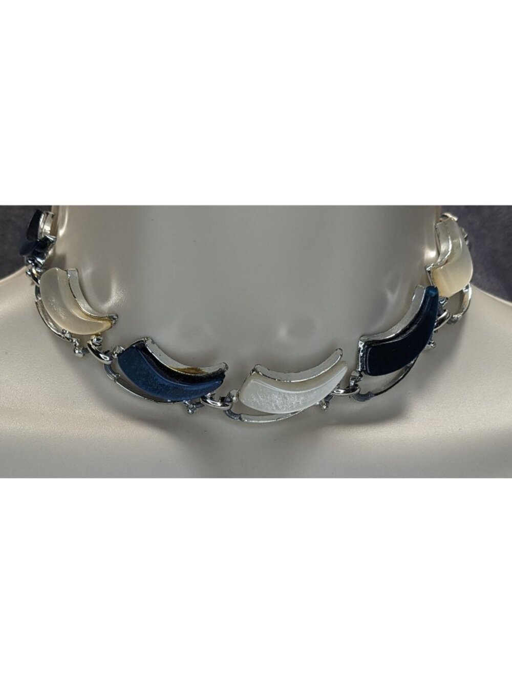 Vintage Retro Blue & White Lucite Crescent Necklace